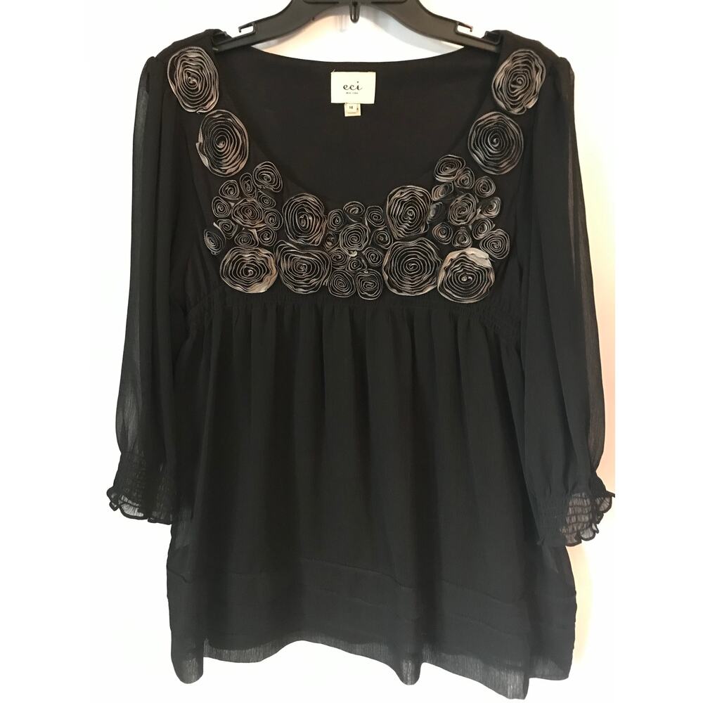 Eci New York Blouse Baby Doll Womens Rosettes Sheer Overlay Black Witchy Goth 14